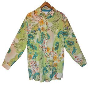Soft Surroundings Silk Blouse Womens Medium Green Floral Paisley Button Up Shirt
